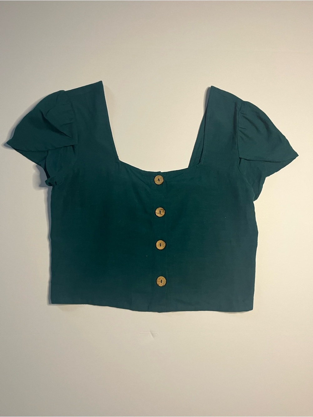 Billabong Teal Square-Neck Puff Sleeve Linen Crop Top with Button Front